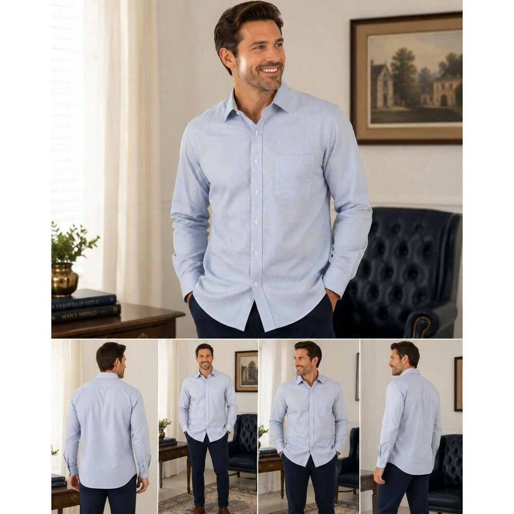 Vintage Roundtree & Yorke Gold Label Shirt Mens 18.5x39 Tall Blue Check Dobby